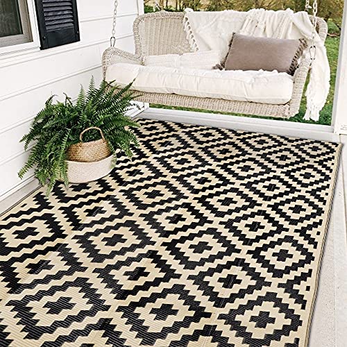 SAND MINE Waterproof Outdoor Rug 5x8 ft, Plastic Reversible Rug, Modern Area Rug, Large Floor Mat for Outdoors, RV, Patio, Backyard, Deck, Picnic, Beach, Camping, Black & Beige - color: Black & Beige, size: 5'x 8'