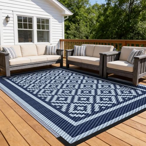 Kohree RV Outdoor Rug 9x12 Reversible, Waterproof Patio Mat with 4 Stakes & UV Fade Resistant, Non-Slip Outdoor Camping Mat for Deck, Picnic, Backyard, Includes Carry Bag (Blue) - color: Blue(diamond), size: 9' x 12' (Rectangular)