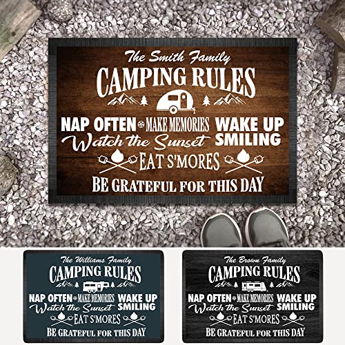 Personalized Camping Rules Welcome Doormat - Custom Family Name and RV Door Mat, Accessories for Inside Outside, Funny Campsite Decorations for Travel Trailers Style 01 - color: Style 10