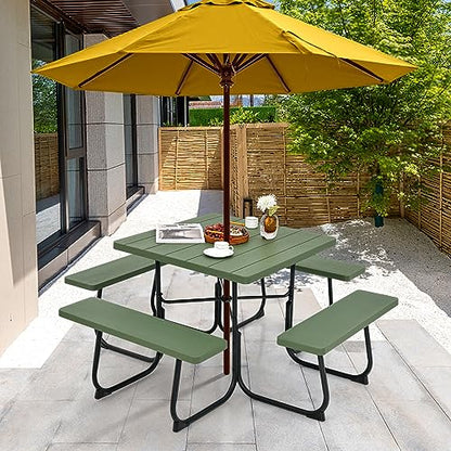 Tangkula 8 Person Picnic Table, Outdoor Square Picnic Table with 4 Built-in Benches, Umbrella Hole, Metal Frame & HDPE Tabletop, Outside Table and Bench Set for Backyard, 2300lbs Weight Capacity - color: Green
