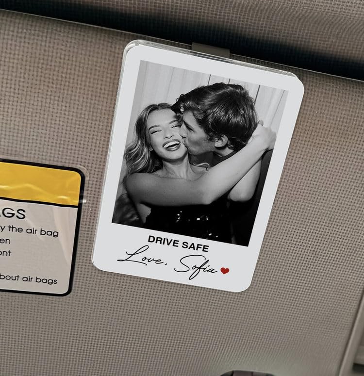 Gossby Custom Couple Photo Car Visor Clip - Drive Safe Love Black White | Personalized Black White Couple Photo Clip, Custom Monochrome Visor Accessory - color: Custom Text