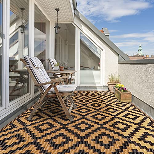 SAND MINE Waterproof Outdoor Rug 4x6 ft, Plastic Straw Area Rug, Large Floor Mat for Outdoors, RV, Patio, Backyard, Deck, Picnic, Beach, Trailer, Camping, Black & Brown Lattice - color: Black & Brown, size: 4' x 6'