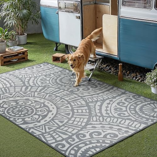 HUGEAR 6x9 Outdoor Boho Rug Grey Patio Waterproof Rug Home Decor Reversible Plastic Straw Rugs Outside Indoor Floor Mat for Camping Balcony RV Deck Porch Pool Backyard - color: Boho/Grey, size: 6' x 9' (Rectangular)