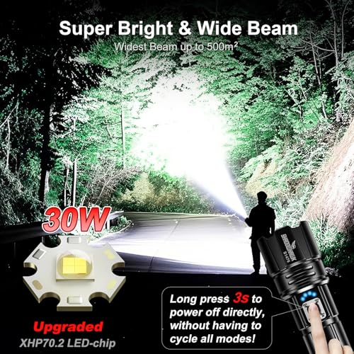 Flashlight 10000 High Lumens Rechargeable - 30W Super Bright LED Flash Light | 5000ft Beam & 12H Long Lasting USB C High Powered Handheld Police Flashlight for Home, Camping, Hiking, Emergency