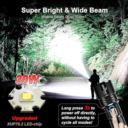 Flashlight 10000 High Lumens Rechargeable - 30W Super Bright LED Flash Light | 5000ft Beam & 12H Long Lasting USB C High Powered Handheld Police Flashlight for Home, Camping, Hiking, Emergency