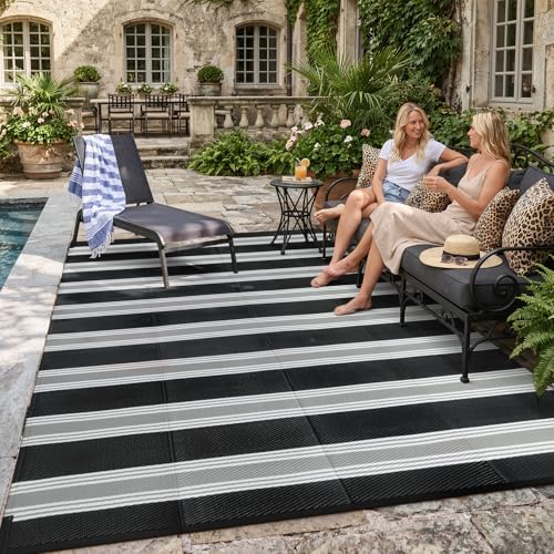 Lahome Striped Outdoor Rug Waterproof, 6x9 Reversible Outdoor Plastic Straw Rug for Camping, RV Patio Rugs Large Carpet for Porch Deck Backyard Balcony Picnic(Black/Grey,6'x 9') - color: Black/Multi, size: 6'x9'