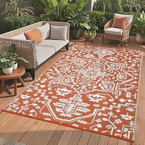 GAOMON 9x12 Boho Vintage Outdoor Rug Waterproof Patio Rug Vintage Floral Reversible Plastic Straw Picnic Rug Easy to Clean Portable Outside Carpet for Patio RV Deck Beach Pool Side, Orange Red White - color: Vintage | Orange Red White, size: 9' x 12' (Rec