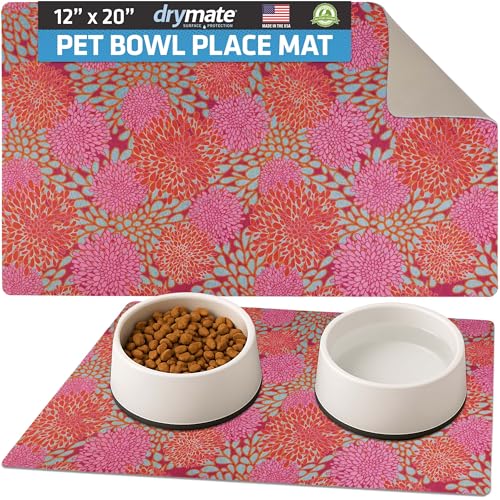 Drymate Pet Bowl Placemat, Dog & Cat Food Feeding Mats, 12x20, Rejuv Pink | Absorbent Fabric, Waterproof Backing, Slip-Resistant, Machine Washable, Contains Spills & Mess, Protects Floors, USA Made - color: Rejuvenation Pink Flowers, size: 20"L x 12"W