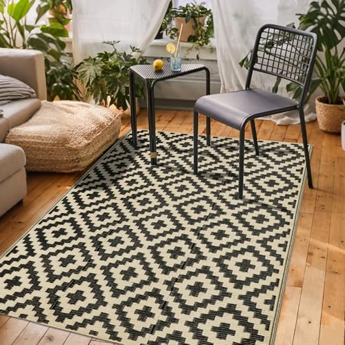SAND MINE Reversible Mats, Plastic Straw Rug, Modern Area Rug, Large Floor Mat and Rug for Outdoors, RV, Patio, Backyard, Deck, Picnic, Beach, Trailer, Camping (3' x 5', Black & Beige Lattice) - color: Black & Beige, size: 3' x 5'