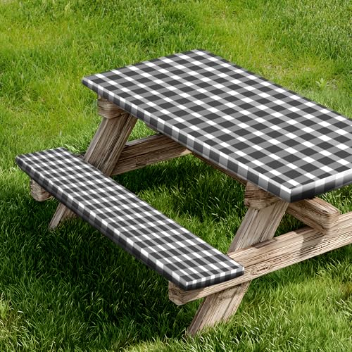 Picnic Table Cover and Bench Covers, Fitted Tablecloth Cover with Elastic Edge, Water and Oil Proof, for Outdoor, Garden, Camping, 96x30 Inch, 3 Pieces Set, Black & White - color: Black & White, size: 96 Inches