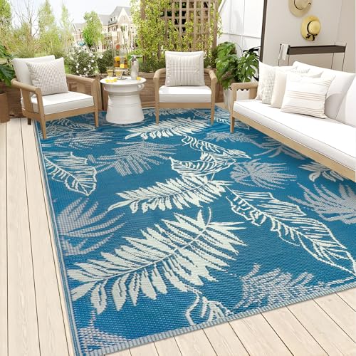 Falflor 5x8 Ft Outdoor Reversible Rug Waterproof Outdoor Patio Rug Plastic Large Floor Mat Lightweight Indoor Outdoor Rug Carpet Plastic Straw Rug for Camping Deck RV Backyard Picnic - color: Blue, size: 5' x 8'