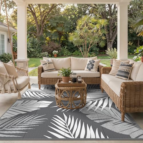 GENIMO Outdoor Rug 9' x 12' Waterproof for Patios Clearance, Reversible Plastic Straw Camping Carpet, Large Area Rugs Mats RV, Picnic, Backyard, Deck, Balcony, Porch, Beach, Grey&White