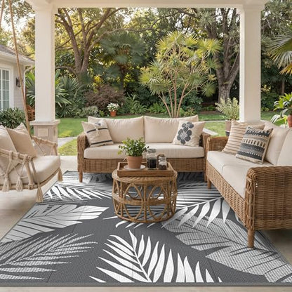 GENIMO Outdoor Rug 9' x 12' Waterproof for Patios Clearance, Reversible Plastic Straw Camping Carpet, Large Area Rugs Mats RV, Picnic, Backyard, Deck, Balcony, Porch, Beach, Grey&White