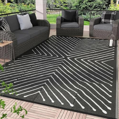 Garvee 6x9 Reversible Outdoor Rug for Patio, Waterproof Portable Camping RV Mat, Striped Modern Outdoor Carpet Black and White for Balcony Deck, Black&White. - color: Blackwhite, size: 6' x 9' (Rectangular)