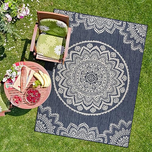 CAMILSON Outdoor Rug 8x10 Modern Area Rugs for Indoor and Outdoor Patios and Porches - Waterproof, Washable, Non-Shedding, Easy-to-Clean Outside Carpet (8 x 10, Medallion - Blue/White) - color: Medallion - Blue / White, size: 8' x 10' (Rectangular)