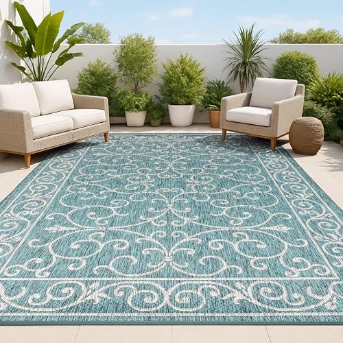 JONATHAN Y Vintage Filigree Indoor Outdoor Area Rug 5X8 Teal/Gray, Charleston Textured Weave for Backyard, Patio, Porch, Easy-Cleaning, High Traffic, Pet-Friendly, Non-Shedding (SMB106F-5) - color: Teal/Gray, size: 5'3" x 7'7" (Rectangular)