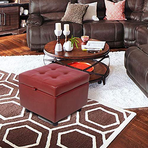 H&B Luxuries Tufted Leather Square Flip Top Storage Ottoman Cube Foot Rest (Red with Storage) - color: Red With Storage