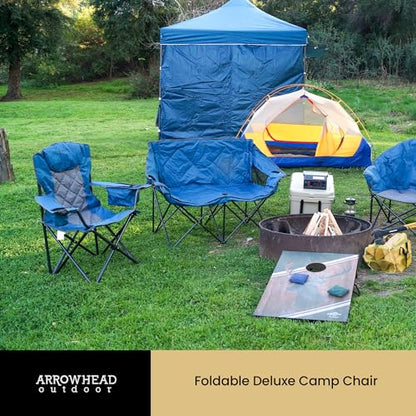 ARROWHEAD OUTDOOR 2-Pack Portable Deluxe Folding Camp Quad Chair w/Headrest, Glass & Cup Holders, Armest 6-can Cooler, Heavy Duty Carry Bag, 550 lbs Weight Capacity - color: Blue 2pack