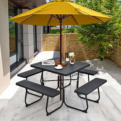 Tangkula 8 Person Picnic Table, Outdoor Square Picnic Table with 4 Built-in Benches, Umbrella Hole, Metal Frame & HDPE Tabletop, Outside Table and Bench Set for Backyard, 2300lbs Weight Capacity - color: Black