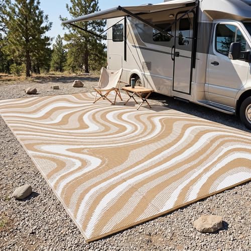 IDEALHOUSE Outdoor Rug PP Woven Mat Waterproof Reversible Portable Carpet for Patio RV Backyard Beach Balcony 10x20ft Beige/Light Brown/White - color: Beige/Light Brown/White, size: 10' x 20' (Rectangular)