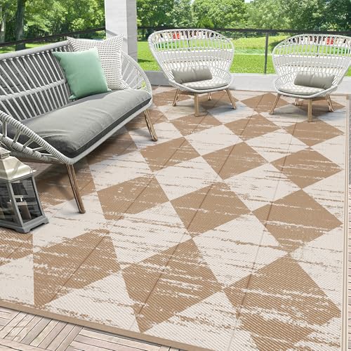 HEBE Checkered Outdoor Rug Waterproof 5x8, Reversible Plastic Straw Rug RV Camping Rug, Indoor Outdoor Patio Mat Clearance, Outside Carpet for Porch,Deck,Camper,Balcony,Backyard,Picnic - color: Light Beige, size: 5' x 8' (Rectangular)