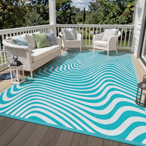 Vaukki Outdoor Patio Rug 6x9, Waterproof Woven Plastic Straw Camping Area Mat, Teal RV Striped Outside Reversible Carpet Clearance for Porch Backyard Deck Balcony - color: Wave-teal, size: 6' x 9' (Rectangular)