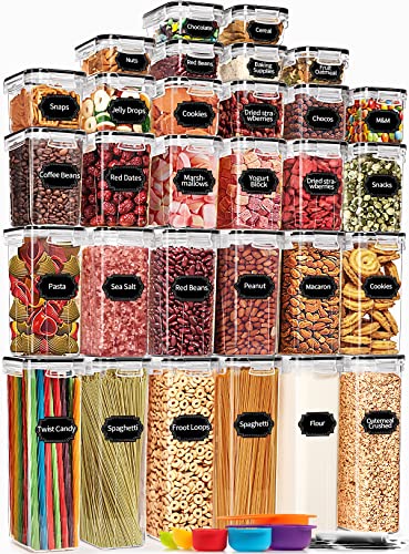 PRAKI 30 Pack Airtight Food Storage Containers for Organizers and Storage | Kitchen Storage Containers for Cereal Flour Sugar Storage, BPA Free, 5 Sizes, Container with 20 Labels, 6 Spoon & Marker - color: Black-30 Piece