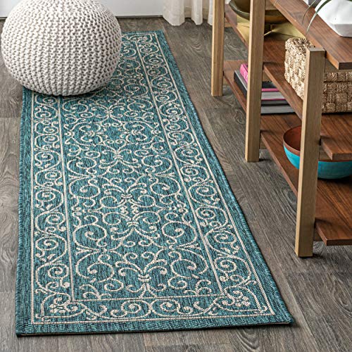 JONATHAN Y Vintage Filigree Indoor Outdoor Runner Rug 2X8 Teal/Gray, Charleston Textured Weave for Backyard, Patio, Porch, Easy-Cleaning, High Traffic, Pet-Friendly, Non-Shedding (SMB106F-28) - color: Teal/Gray, size: 2'2" x 8' (Runner)