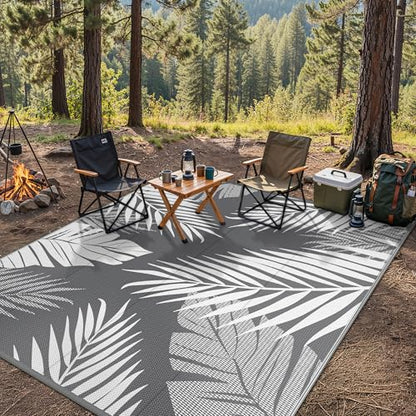 GENIMO Outdoor Rug 9' x 12' Waterproof for Patios Clearance, Reversible Plastic Straw Camping Carpet, Large Area Rugs Mats RV, Picnic, Backyard, Deck, Balcony, Porch, Beach, Grey&White