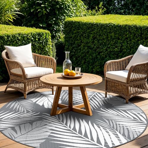GENIMO Outdoor Rug 10' Round Waterproof for Patios Clearance, Reversible Outdoor Plastic Straw Camping Rug Carpet, Large Area Rugs Mats for RV, Camper, Deck, Balcony, Porch, Beach, Picnic, Grey&White - color: Grey & White, size: 10' (Round)