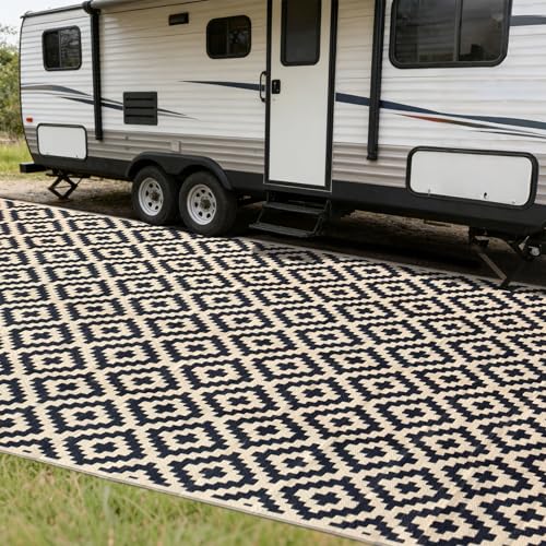 SAND MINE Reversible Mats, Plastic Straw Rug, Modern Area Rug, Large Floor Mat and Rug for Outdoors, RV, Patio, Backyard, Deck, Picnic, Beach, Trailer, Camping (8' x 16', Black & Beige Lattice) - color: Black & Beige, size: 8'x 16'