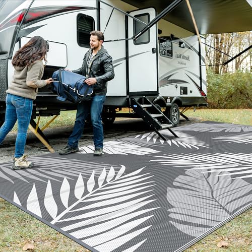 GENIMO Outdoor Rug 10' x 20' Waterproof for Patios Clearance, Reversible Outdoor Plastic Straw Camping Rug Carpet, Large Area Rugs Mats for RV, Camper, Deck, Balcony, Porch, Beach, Picnic, Grey&White - color: Grey & White, size: 10' x 20' (Rectangular)