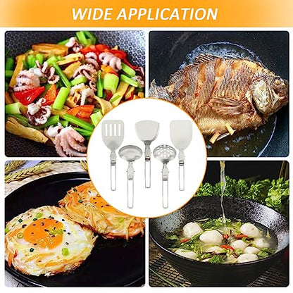 Camping Kitchen Utensil Set, 5Pcs Portable Foldable Stainless Steel Outdoor Cooking Utensil, Practical Folding Soup Ladles Strainer Spatula Kitchen Gear for Outdoor Camping