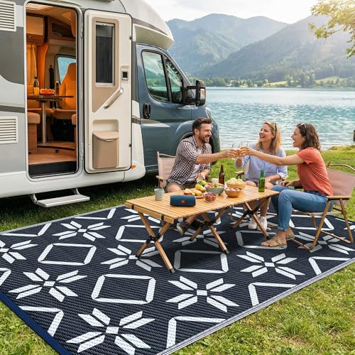 Kohree Outdoor Rug Waterproof 9x12, Reversible RV Outdoor Plastic Straw Rug Patio Mat, Non-Slip Easy Cleaning RV Carpet for Patio Camping Deck Picnic, Backyard, Includes Carry Bag (Blue) - color: Blue（diamond Flower）, size: 9' x 12' (Rectangular)