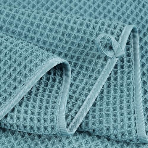 POLYTE 430 GSM Microfiber Quick Dry Lint Free Oversize Bath Towel Set, 6 Piece (Waffle Weave) - color: Green