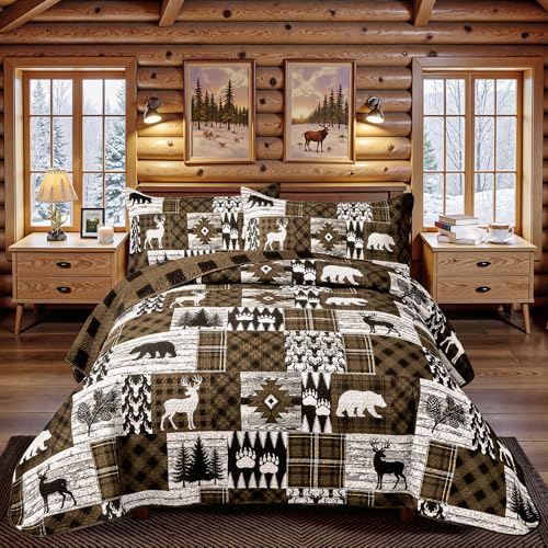 3 Piece Cabin California King Size Quilt Sets Farmhouse Rustic Reversible Microfiber Soft Lightweight Bedspread Comforter with 2 Sham Patchwork Country Lodge Bedding for All Season, 118''x106'', Brown - color: Bear Brown, size: California King