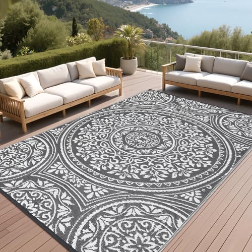 Outdoor Rug 8x10 Waterproof Patio Rugs Boho Floral Reversible Mat for Front Door Rv Foldable Plastic Straw Carpet for Travel Trailers, Deck, Picnic, Porch, Camper, Balcony, Beach，Grey/White - color: Boho - Grey/White, size: 8' x 10' (Rectangular)