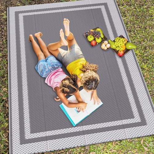HappyTrends Outdoor Rug Reversible Portable Plastic Straw Camping Rugs for Outside RV,Large Waterproof Outdoor Area Rugs for Patio,Deck,Porch,Balcony(8'x 10',White&Gray) - size: 8' x 10' (Rectangular)
