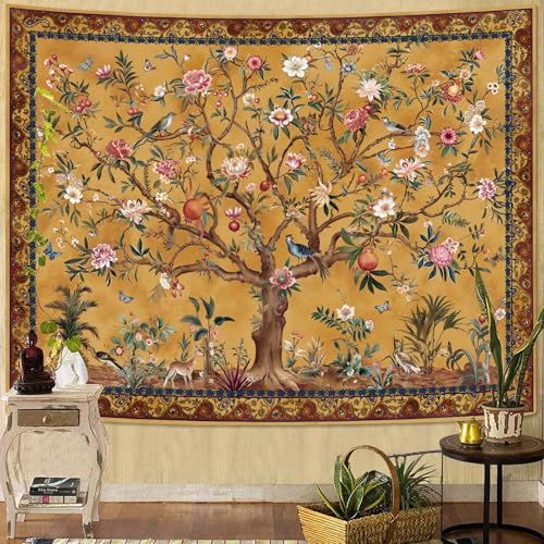 Faxdong Boho Tree of LIfe Tapestry, Vintage Flower Leaves Birds Plant Animal Pattern Tapestries, Retro Indian Bohemian Aesthetic Wall Hanging Orange Yellow 60×80 inch - color: Yellow, size: 80"L x 60"W