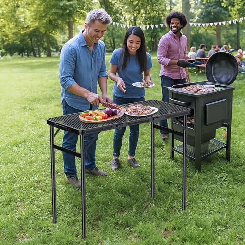 Folding Camping Table, 34.2" x 15.7" Picnic Table with 3 Adjustable Height Max 27.5", Matte Mesh Black Aluminum Folding Table with Handle for Party, Dining, Garden, Patio, Market - style: 3-Fold Mesh Tabletop