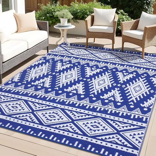 OLANLY Outdoor Rug Waterproof 9x18 ft, Reversible Outdoor Plastic Straw Rug, Boho Patio Rug, Indoor Outdoor Carpet, RV Mat Outside for Patio, Camp, Picnic, Balcony, Deck, Backyard, Blue & White - color: Blue & White, size: 9' X 18' (Rectangular)