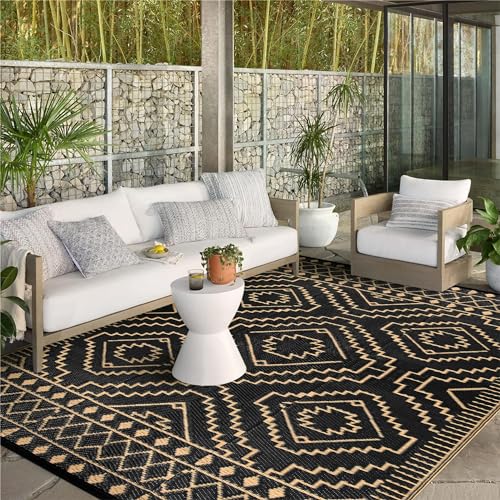 Wonnitar 8x10 Outdoor Rug, Large Waterproof Reversible Outdoor Patio Area Rug, Indoor/Outdoor Plastic Straw Portable Camping Rug for Outside RV Balcony Garden Deck (Black & Brown,8'x10') - color: Black & Brown, size: 8' x 10' (Rectangular)