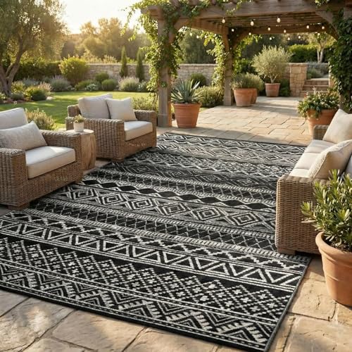 GarveeLife Outdoor Rug 8x10 Waterproof for Patio Decor Foldable Reversible Plastic Straw Carpet, Outside Area Mat for Rv, Deck, Picnic, Porch, Camper, Balcony, Beach, Black/White - color: Black/White, size: 8' x 10' (Rectangular)