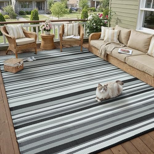 Outdoor Plastic Straw Rug Waterproof Patio 6x9 Black White Stripe Mat for Porch Camping RV Balcony Deck Courtyard Reversible Lightweight Durable Portable Carpet - color: Black/White, size: 6' x 9' (Rectangular)