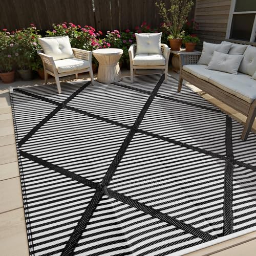 Lahome Outdoor Rug 8x10 Patio Waterproof, Plastic Straw Reversible Rv Rugs for Outside, Large Portable Porch Decor Camping Carpet for Balcony Tent Travel, Black 8'x10' - color: Black Grey, size: 8' x 10' (Rectangular)