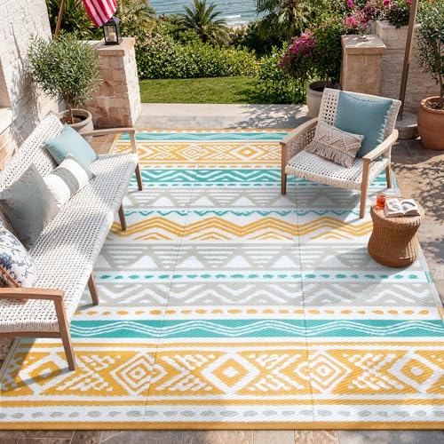 Lahome Waterproof Outdoor Rug 6x9, Reversible Outdoor Plastic Straw Rug for Camping, Large RV Outdoor Patio Rug, Outdoor Rugs Carpet for Porch Deck Backyard Balcony Picnic(Blue/Yellow,6'x 9') - color: Blue/Yellow, size: 6'x9'