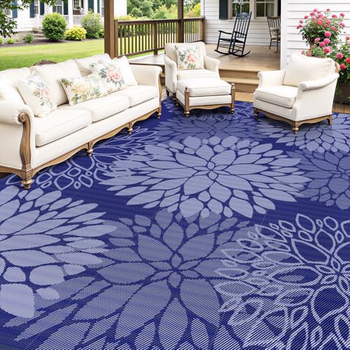 Mattitude Outdoor Rug 8' x 10' Waterproof, Reversible Portable Plastic Straw Area Rugs, Patio Carpet for RV Camping, Porch, Deck, Backyard, Camper, Pool, Picnic, Blue & White - size: 8' x 10' (Rectangular)