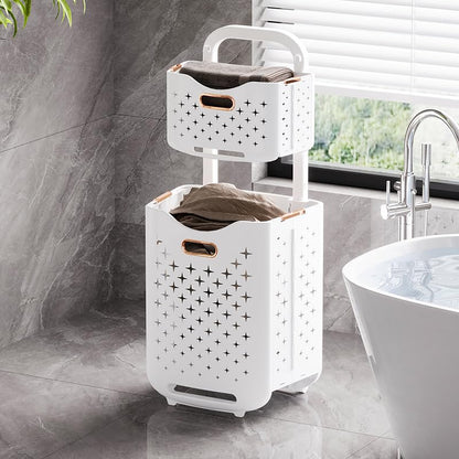 Collapsible Laundry Basket Organizer, 2-Tier Foldable Laundry Sorter with Wheels & Wall Mount, Space-Saving Slim Laundry Hamper with Removable Bins, 80L Capacity for Bathroom, Dorm & Small Spaces - size: 2-Tier