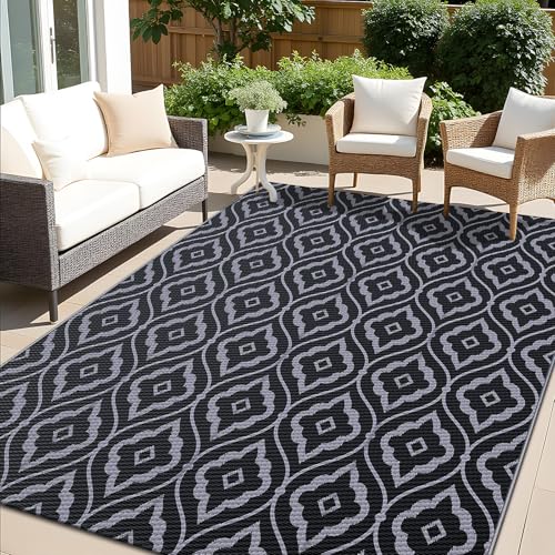 OLANLY Outdoor Rug 6x9 ft Waterproof, Outdoor Plastic Straw Rug with Geometric Pattern Clearance, Reversible RV Mat for Patio, Camping, Balcony, Deck, Backyard, Black & Grey - color: Black & Grey, size: 6' X 9' (Rectangular)