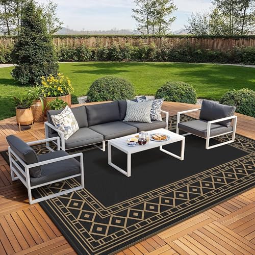 GENIMO Outdoor Rug Waterproof for Patio Decor, 10'x20' Foldable Reversible Plastic Straw Carpet, Outside Area Mat for Rv, Deck, Picnic, Porch, Camper, Balcony, Beach, Black & Brown - color: Black & Brown, size: 10' x 20' (Rectangular)